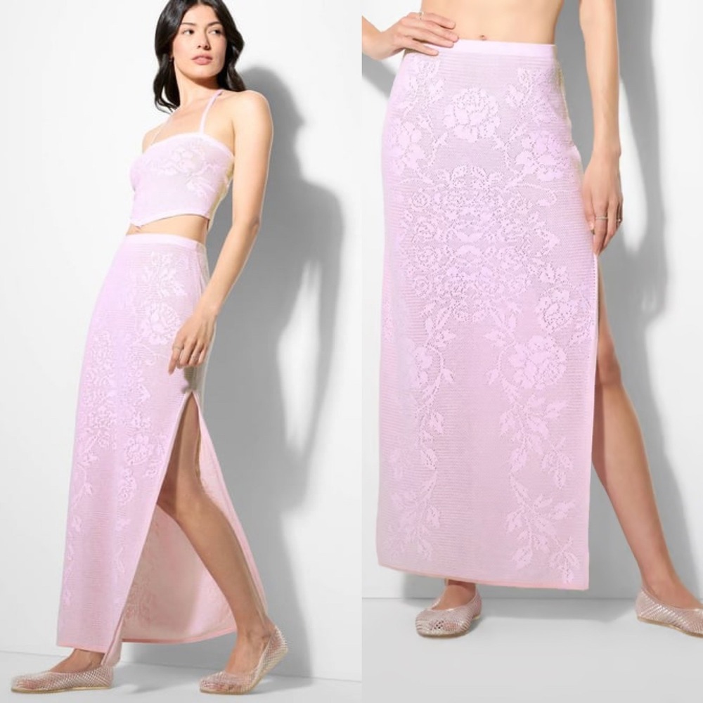 Wild Fable Pink Floral‎ Pattern Knit Maxi Skirt Side Slit Cotton Cover Up Medium